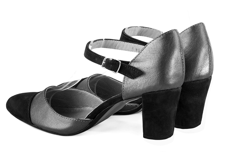 Matt black and dark silver women's open side shoes, with an instep strap. Round toe. Medium block heels. Rear view - Florence KOOIJMAN